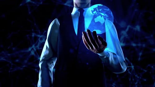 Businessman Holds Earth Globe Or World Hologram In Left Hand With Plexus Network Connection Lines 4k
