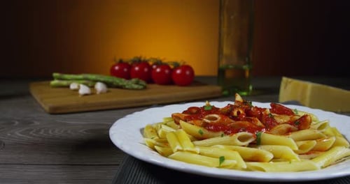 Delicious Pasta with Red Wine on Wooden Table