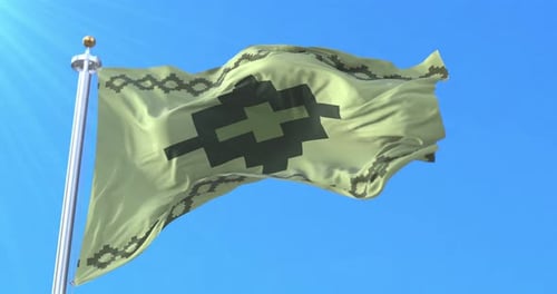 Waving Indigenous Chakana Flag Animation Against Blue Sky