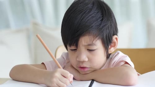 Boy Concentrating While Drawing Indoors
