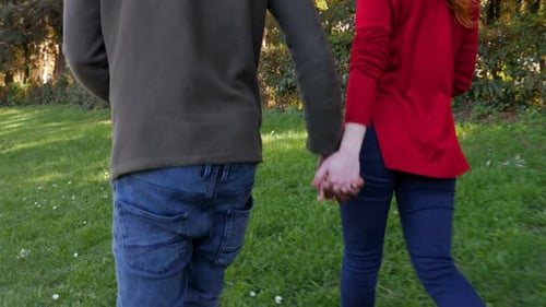 Multiracial young couple walking in the park holding hands