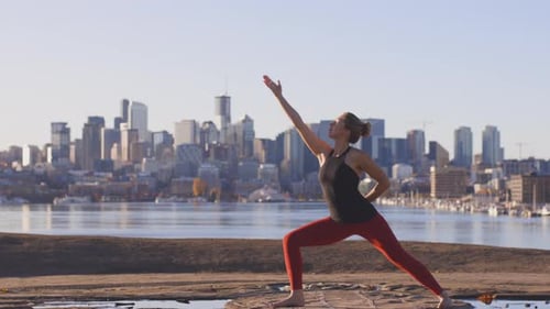 Core Yoga Strong Woman Stretching Muscles City Downtown Background Morning Sunrise Lighting
