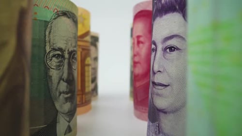 Foreign currency money exchange concept. Many banknotes of different nations.