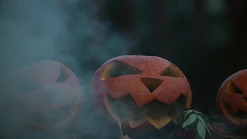 Spooky Halloween Pumpkins in Dark Fog