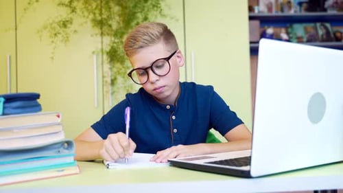 Boy Writing in Notebook While Studying Online