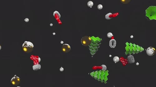 Christmas background from toys, socks and Christmas trees.