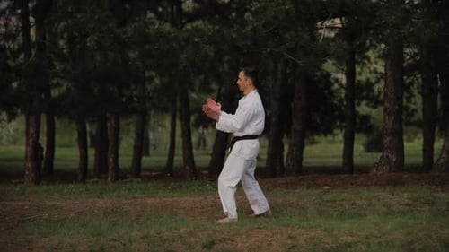 Adult Man Practicing Karate Outdoors in Nature