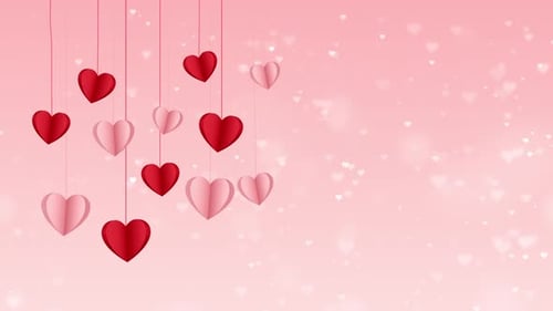 Rotes und rosafarbenes Herz im Papierschnitt, hüpfend, mit pastellfarbenem Herzhintergrund für das Liebesfest am Valentinstag