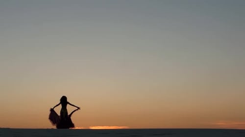 Graceful Movements of a Dancer, Dancing Belly Dance While on the Beach. Silhouettes