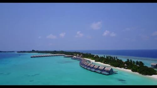Aerial drone view tourism of relaxing seashore beach break by blue green water and white sandy backg