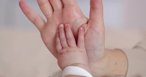 Close Up Of Little Newborn Baby's Hand Touching Mother's Hand.