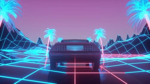 Retro Futuristic Car Driving Through Neon Grid Landscape