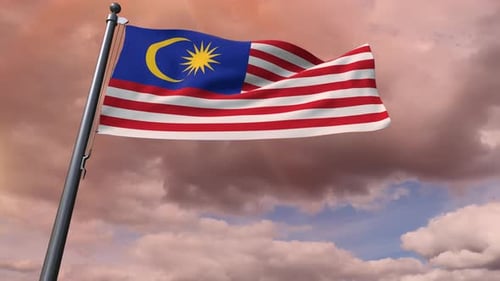 3D Animated Waving Malaysian Flag Against a Cloudy Sky