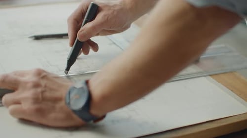 Der Ingenieur zeichnet mit einem Bleistift und einem Lineal Gebäude auf den Tisch