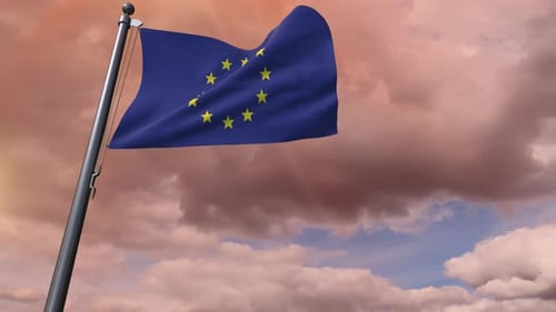European Union Flag Waving Against Cloudy Sunset Sky