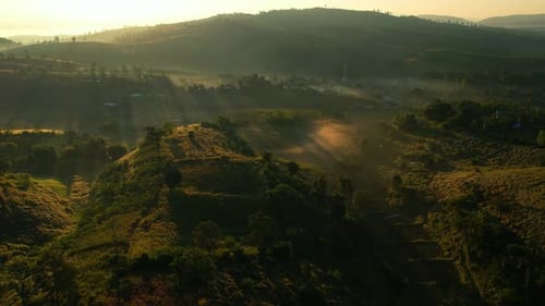 4K Aerial view of Mountains landscape with morning fog.