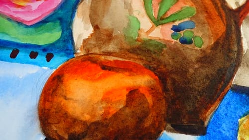 Still Life Scene in Watercolor Art Close Up