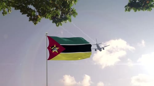 Mozambique Flag Waving with Airplane Flying Over City Skyline