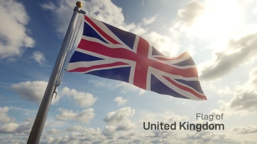 Realistic Union Jack Flag Waving in Bright Sunny Sky