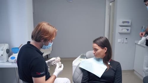 Dental Professional Explains Teeth to Woman in Office
