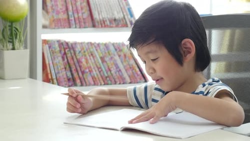 Little Asian Child Using A Pencil To Write On Notebook At The Desk
