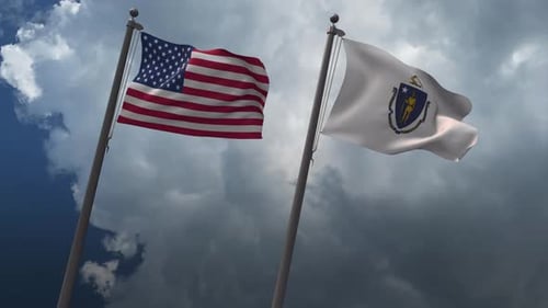 United States and Massachusetts Flags Waving in Wind