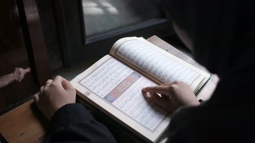 Prayer Time Muslim Woman Reading Quran Closeup