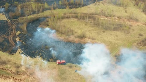 Aerial View Spring Dry Grass Burns During Drought Hot Weather