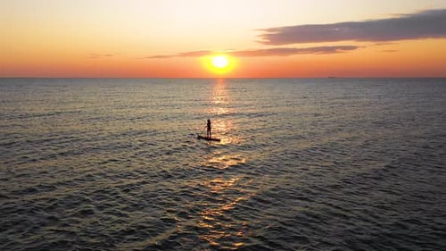 Young woman on a stand up paddle board exercising at sunset. Beautiful sea sunset.