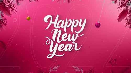 Happy New Year Greeting with Decorative Ornaments and Falling Snow