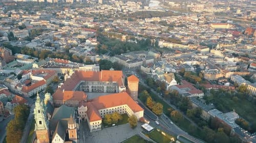 Aerial View of Royal Wawel Cathedral and Castle in Krakow, Poland, with Vistula River, Park, Yard