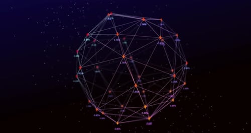 Animation of digital interface and globe of network connections with arrows and numbers on dark back