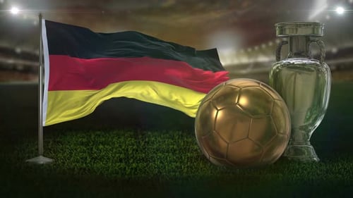 Waving German Flag with Golden Soccer Ball and Silver Trophy