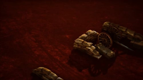 Rotating 3D Military Cannon and Sandbags Animation