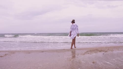 Girl Walks on the Beach on the Background of the Sea