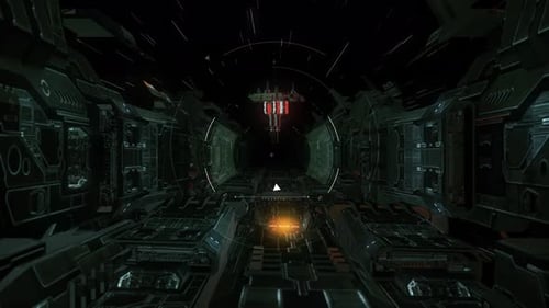 Dynamic Futuristic Tunnel with Spaceship and HUD Animation