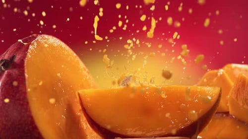Juicy Mango Splash Against Red Backdrop