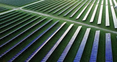Solar Power Plant Panels in the Field with the Glare of the Evening Sun in Solar Cells