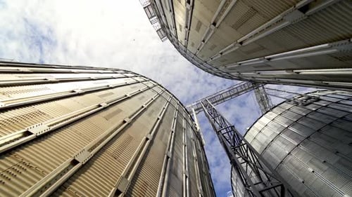 Elevadores de granos bajo cielo azul. Tanques de almacenamiento de granos metálicos enormes