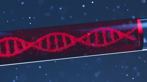 Isolated glass test tube with blood and rotating DNA double helix. Biotechnology