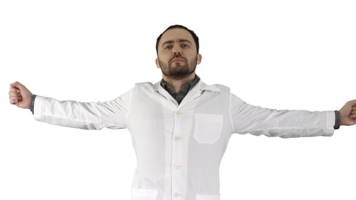 Man in Lab Coat Gesturing on White Background