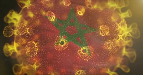 Morocco Flag With Coronavirus Microbe Centered