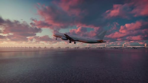 Passagierflugzeug startet bei Sonnenuntergang