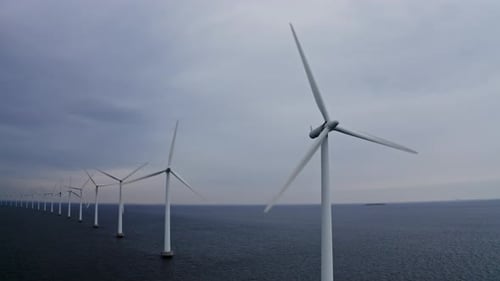 Small Ocean Waves and Windmills in a Row Rotating