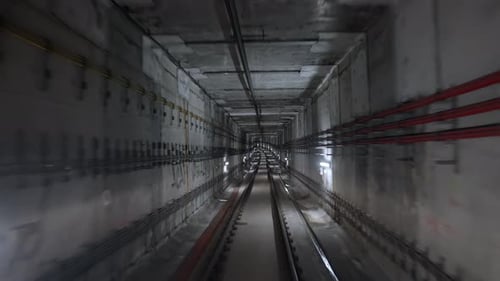 Front Cabin View of Driverless Metro Train Moving Forward Through Underground Tunnel