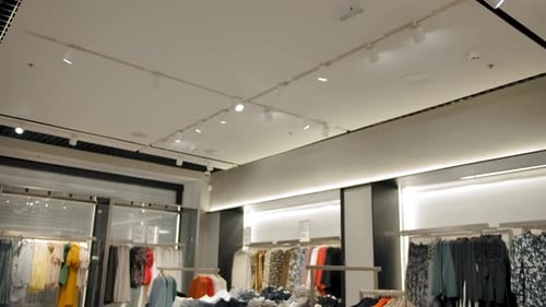 Indoor of Clothing Store with Modern Fashionable Cloth Hangers and Shoes