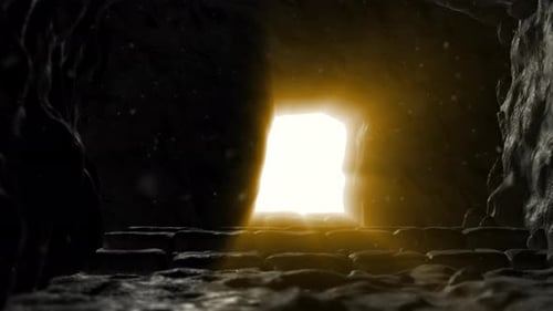 Stone Rolls Away Revealing Bright Light from Cave Entrance