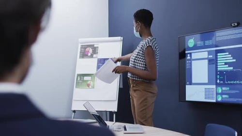 Diverse business people wearing face masks sitting listening to presentation in office