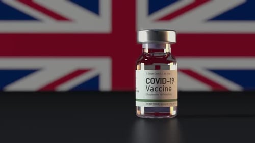 COVID-19 Vaccine Vial with United Kingdom Flag Animation