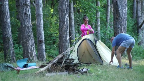 Couple Assembling a Tent in a Forest Clearing